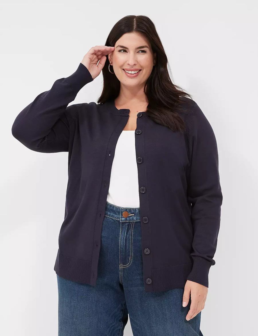 Lane Bryant Crew-Neck Button-Front Women Cardigan Blue | HAU542HQ