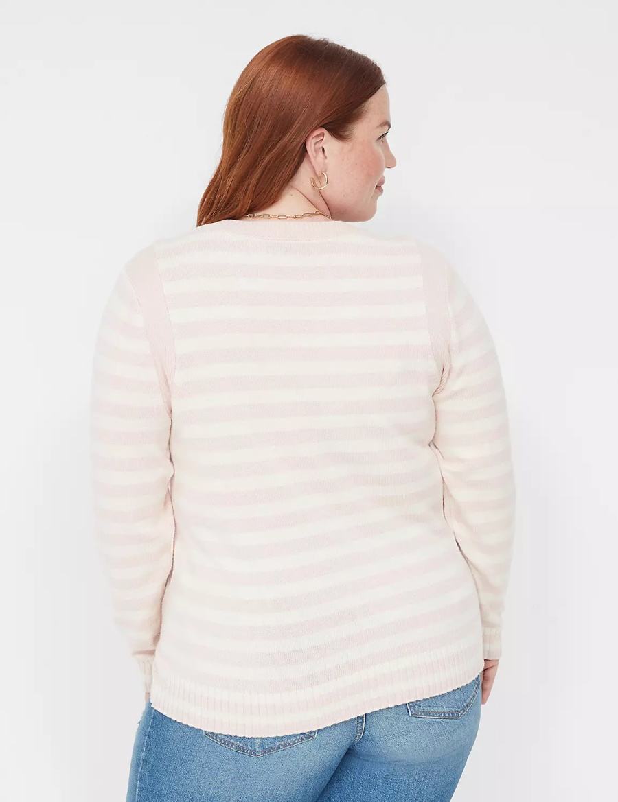 Lane Bryant Crew-Neck Button-Shoulder Stripe Women Sweaters Coral | XTP8449PU