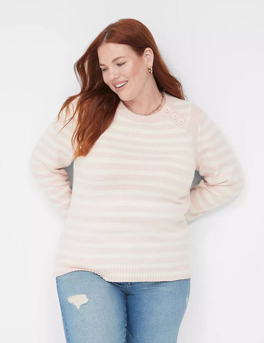 Lane Bryant Crew-Neck Button-Shoulder Stripe Women Sweaters Coral | XTP8449PU