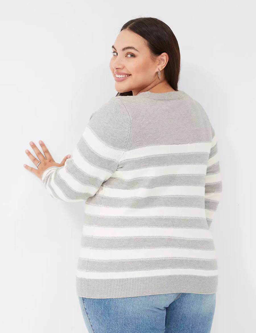 Lane Bryant Crew-Neck Button-Shoulder Striped Women Sweaters Brown | IQW7428JU