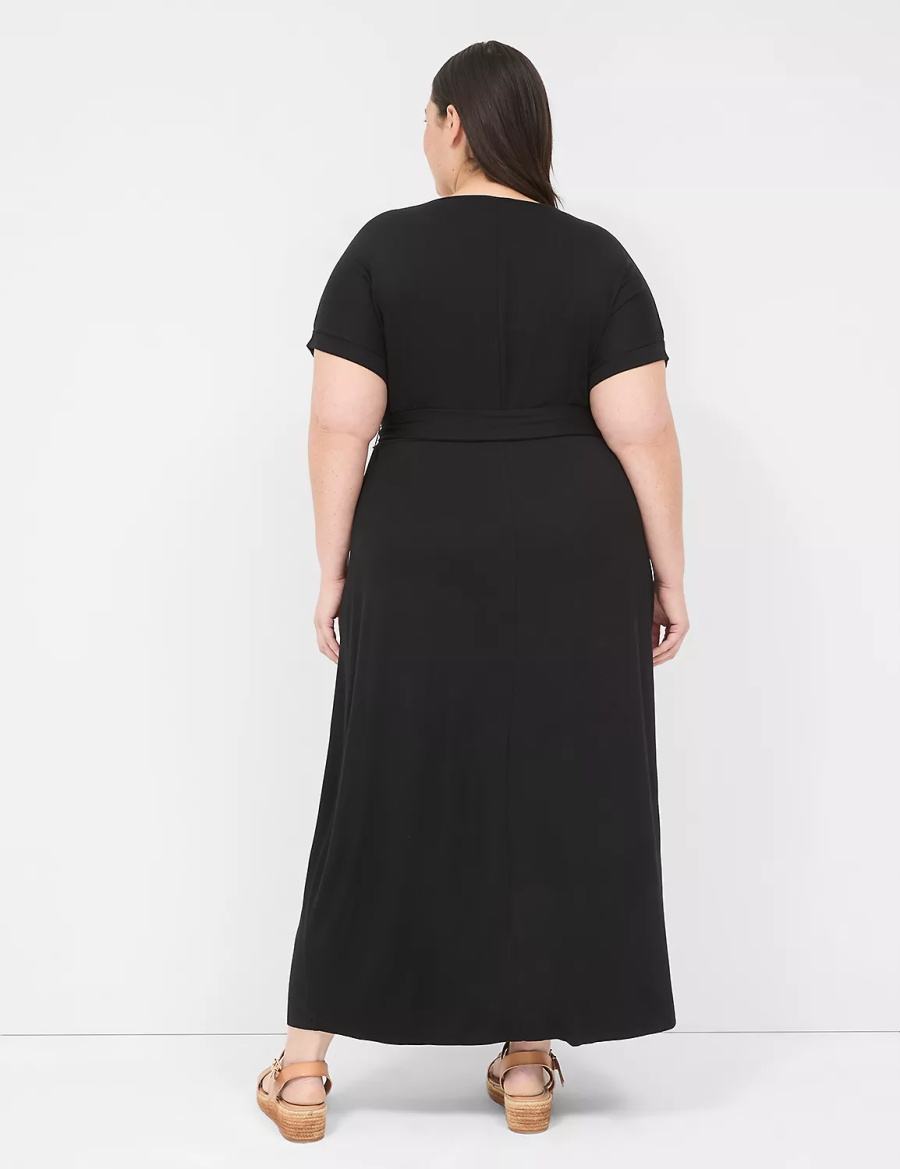 Lane Bryant Crew-Neck Faux-Wrap Jersey Women Midi Dress Black | CLZ498HM