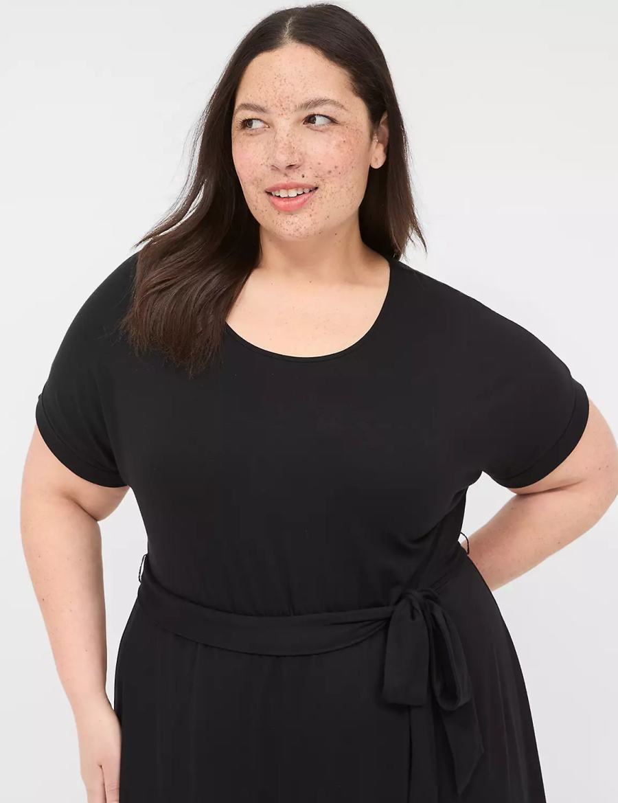 Lane Bryant Crew-Neck Faux-Wrap Jersey Women Midi Dress Black | CLZ498HM