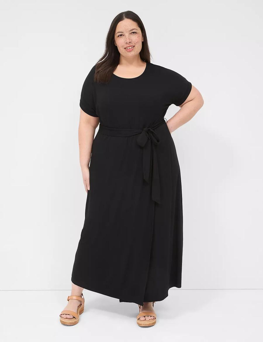 Lane Bryant Crew-Neck Faux-Wrap Jersey Women Midi Dress Black | CLZ498HM