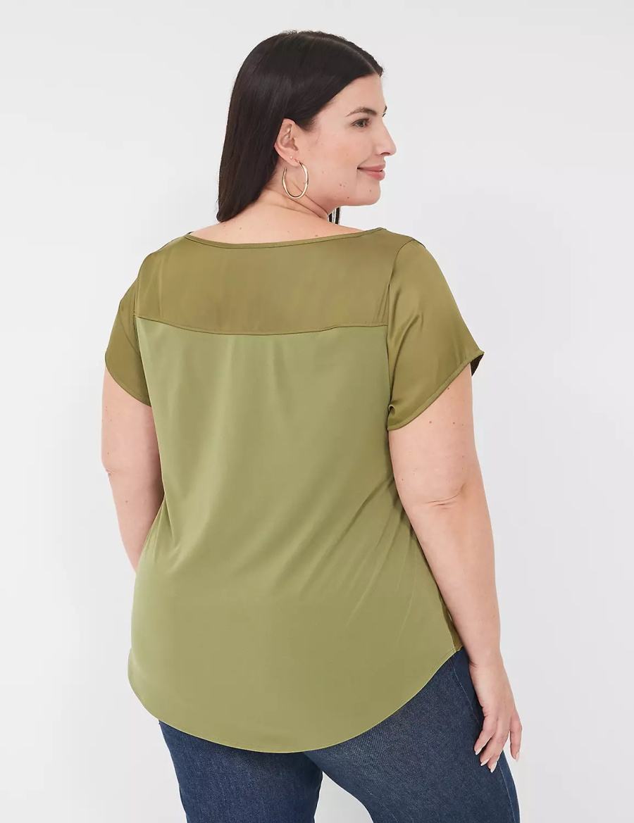 Lane Bryant Crew-Neck Satin & Knit Top Women T Shirts Green | VYT4127NN