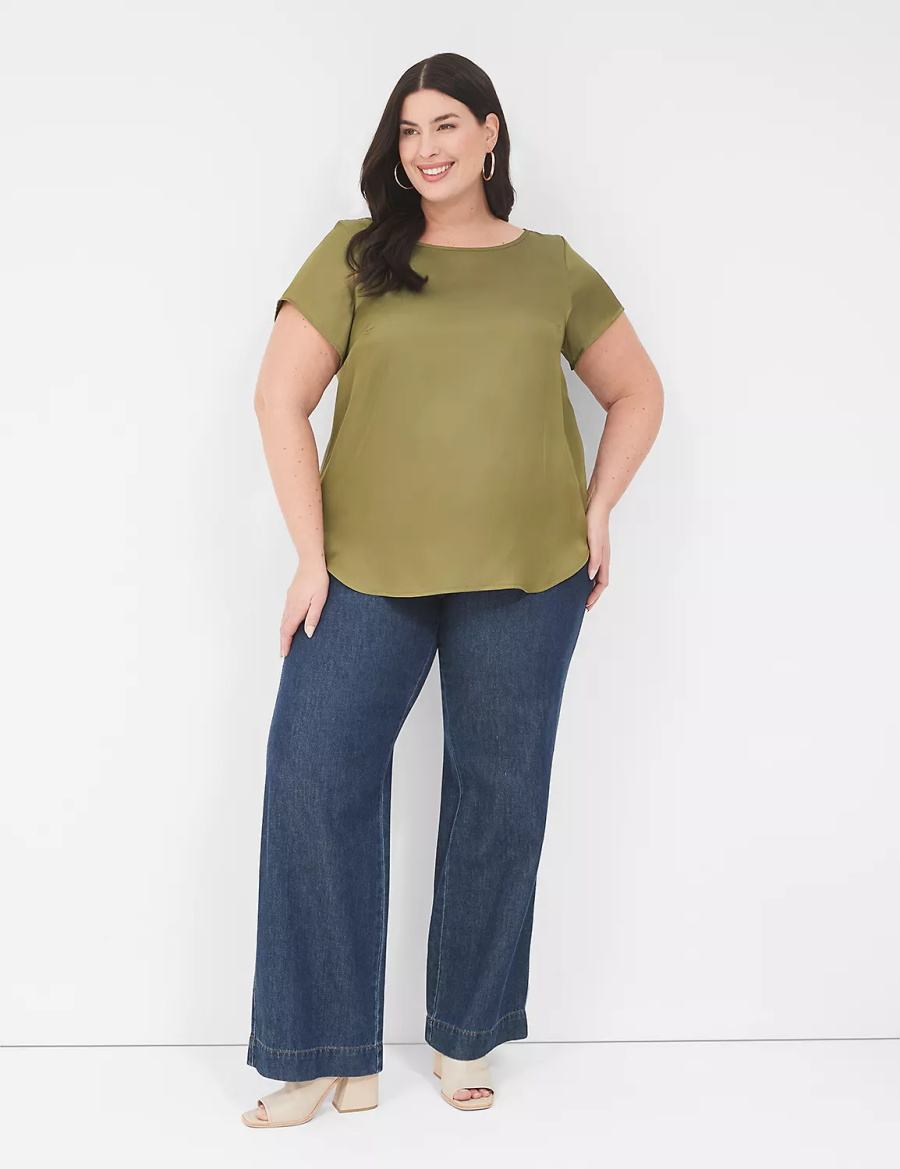 Lane Bryant Crew-Neck Satin & Knit Top Women T Shirts Green | VYT4127NN