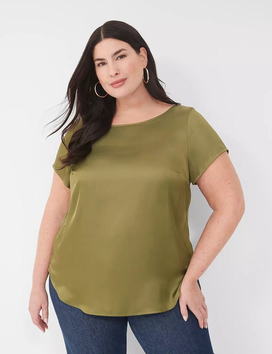 Lane Bryant Crew-Neck Satin & Knit Top Women T Shirts Green | VYT4127NN