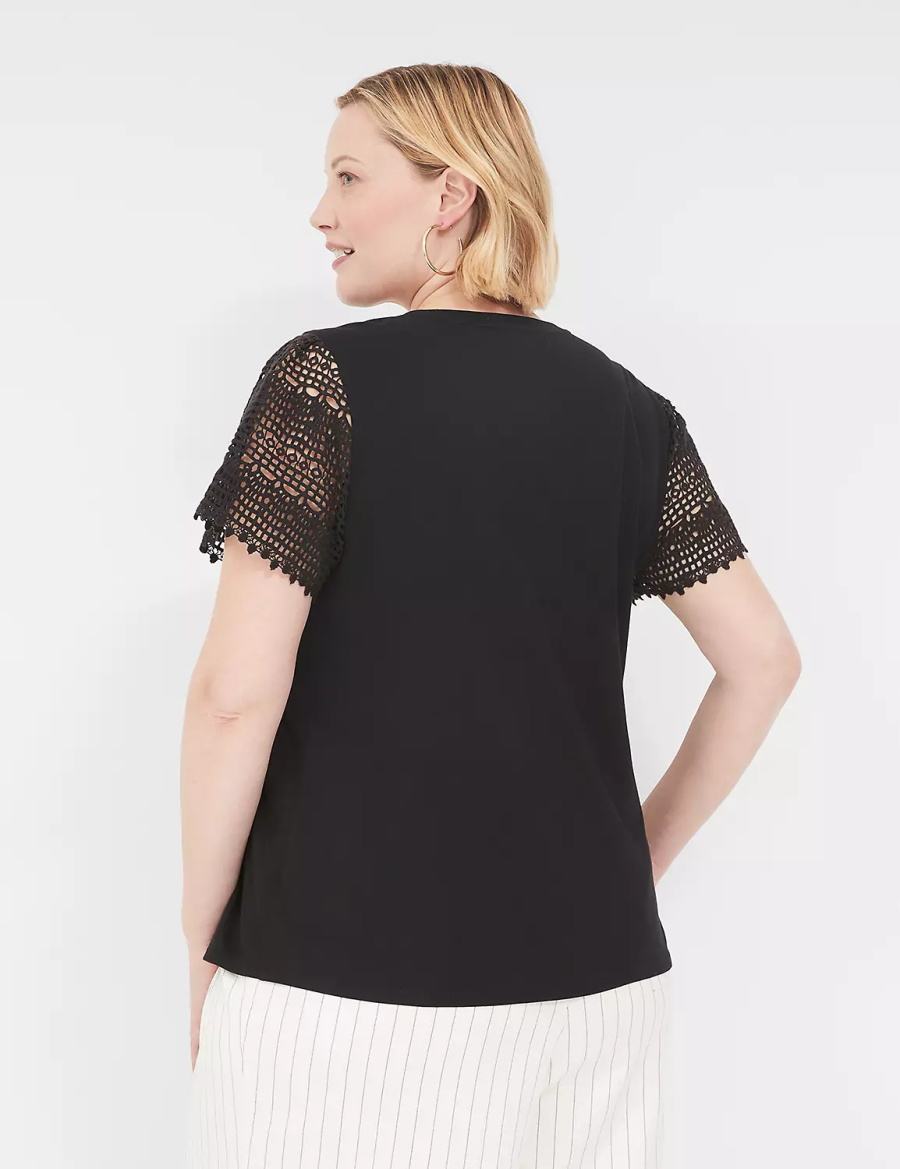 Lane Bryant Crochet-Sleeve Crew-Neck Tee Women T Shirts Black | ELW5539MI