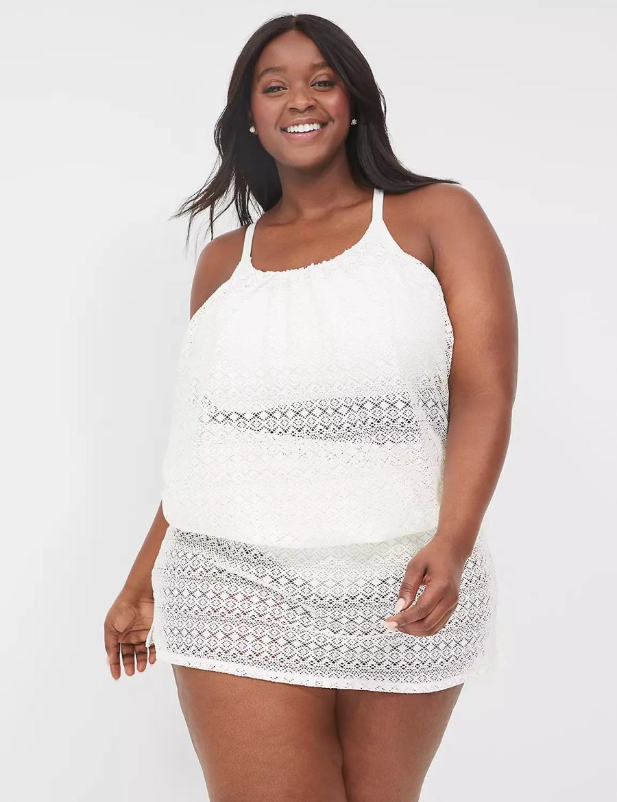 Lane Bryant Crochet No-Wire Blouson Tankini Women Bikini Top White | NTP2136WI