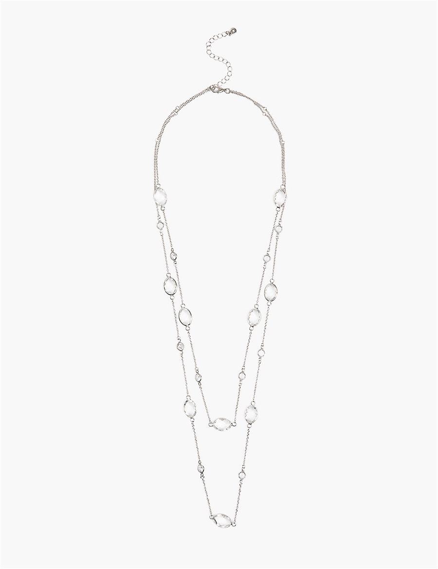 Lane Bryant Crystal Station Layered Women Chain Necklace Silver | IKI7425SZ