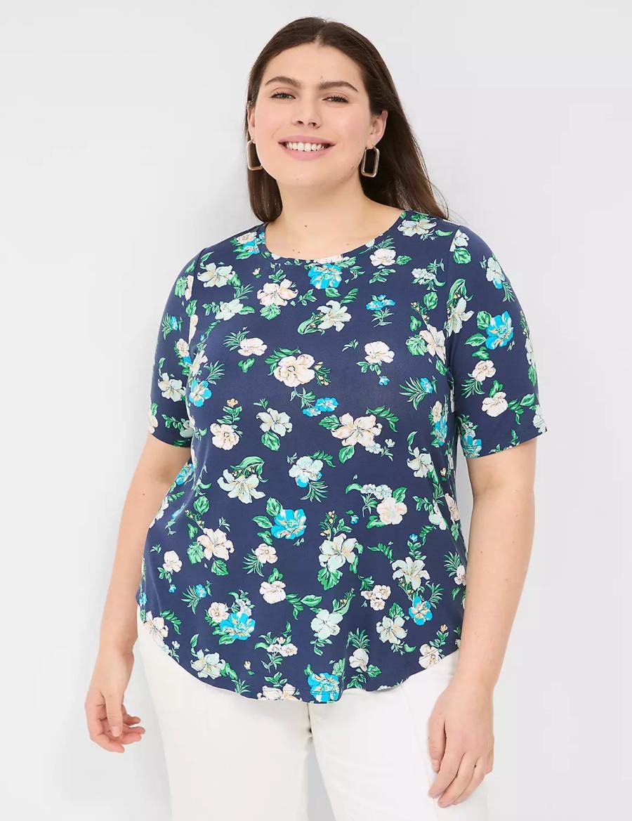 Lane Bryant Curved-Hem Perfect Sleeve Tee Women T Shirts Navy | HRF2148UI