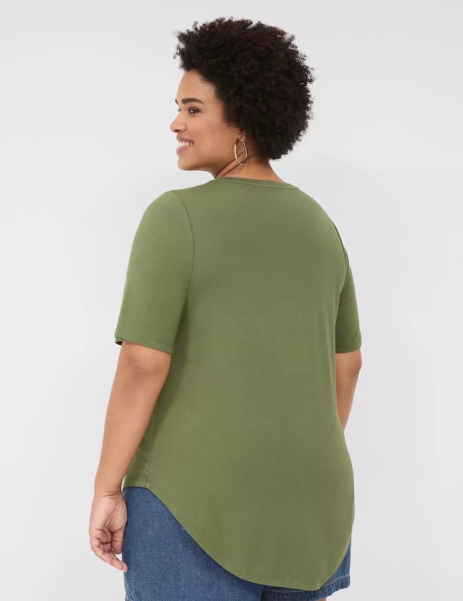 Lane Bryant Curved-Hem Perfect Sleeve Tee Women T Shirts Brown Green | VKU3170JP