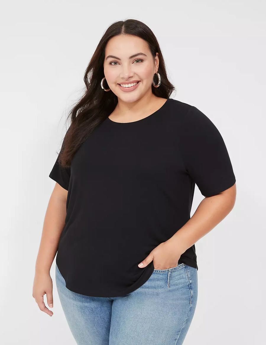 Lane Bryant Curved-Hem Perfect Sleeve Tee Women T Shirts Black | CYK4215XF