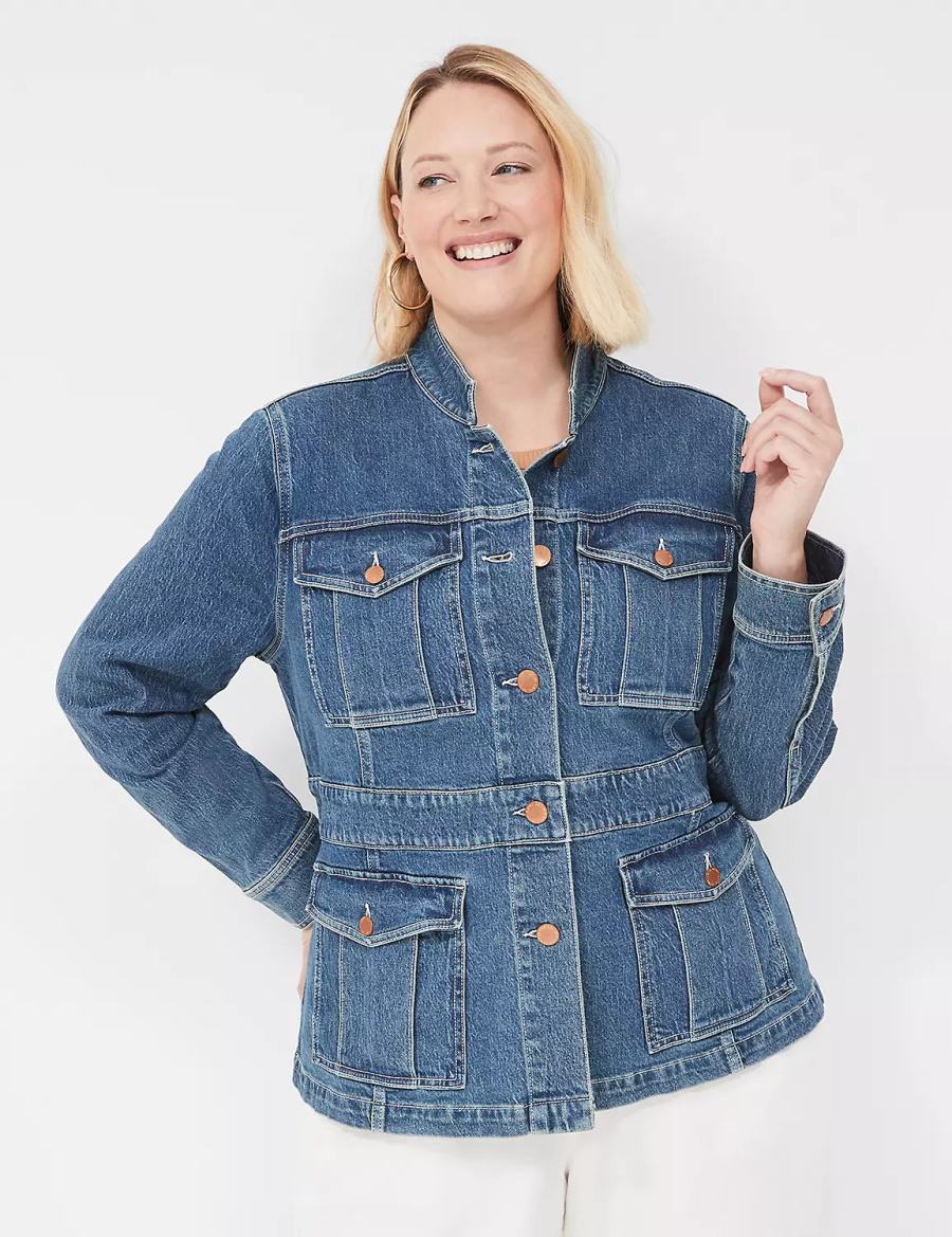 Lane Bryant Denim Banded-Waist Utility Women Jackets Dark Blue | TZA6298II