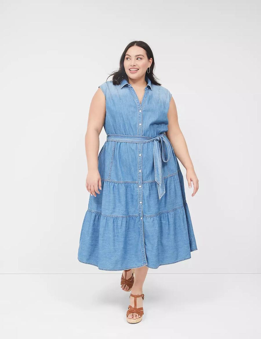 Lane Bryant Denim Tiered Women Midi Dress Blue | NTB5653ID