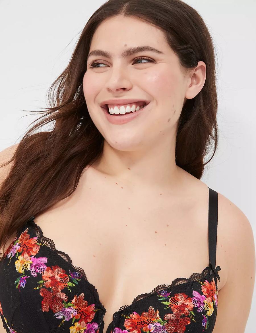 Lane Bryant Digital Print Lace Lightly Lined V-Wire Women Bralettes Black | NHK3563VI