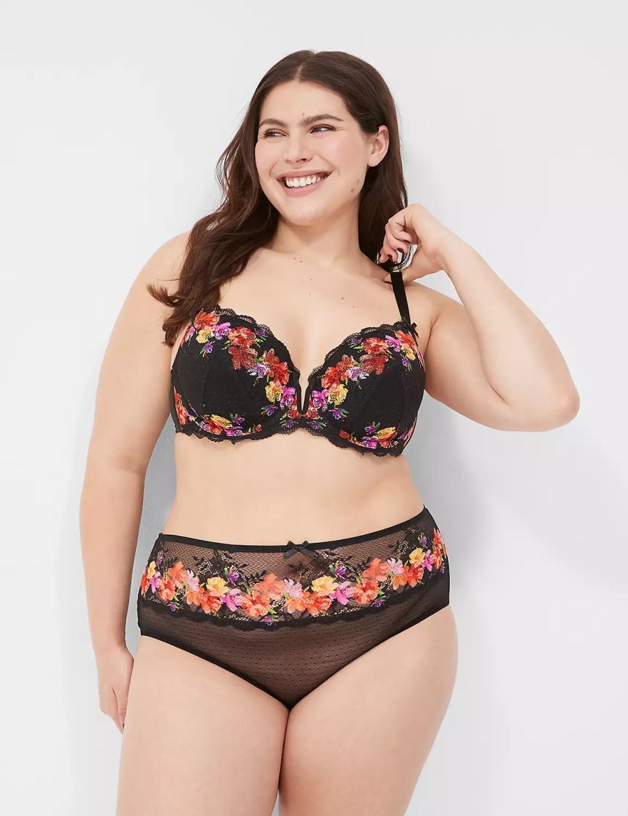 Lane Bryant Digital Print Lace Lightly Lined V-Wire Women Bralettes Black | NHK3563VI