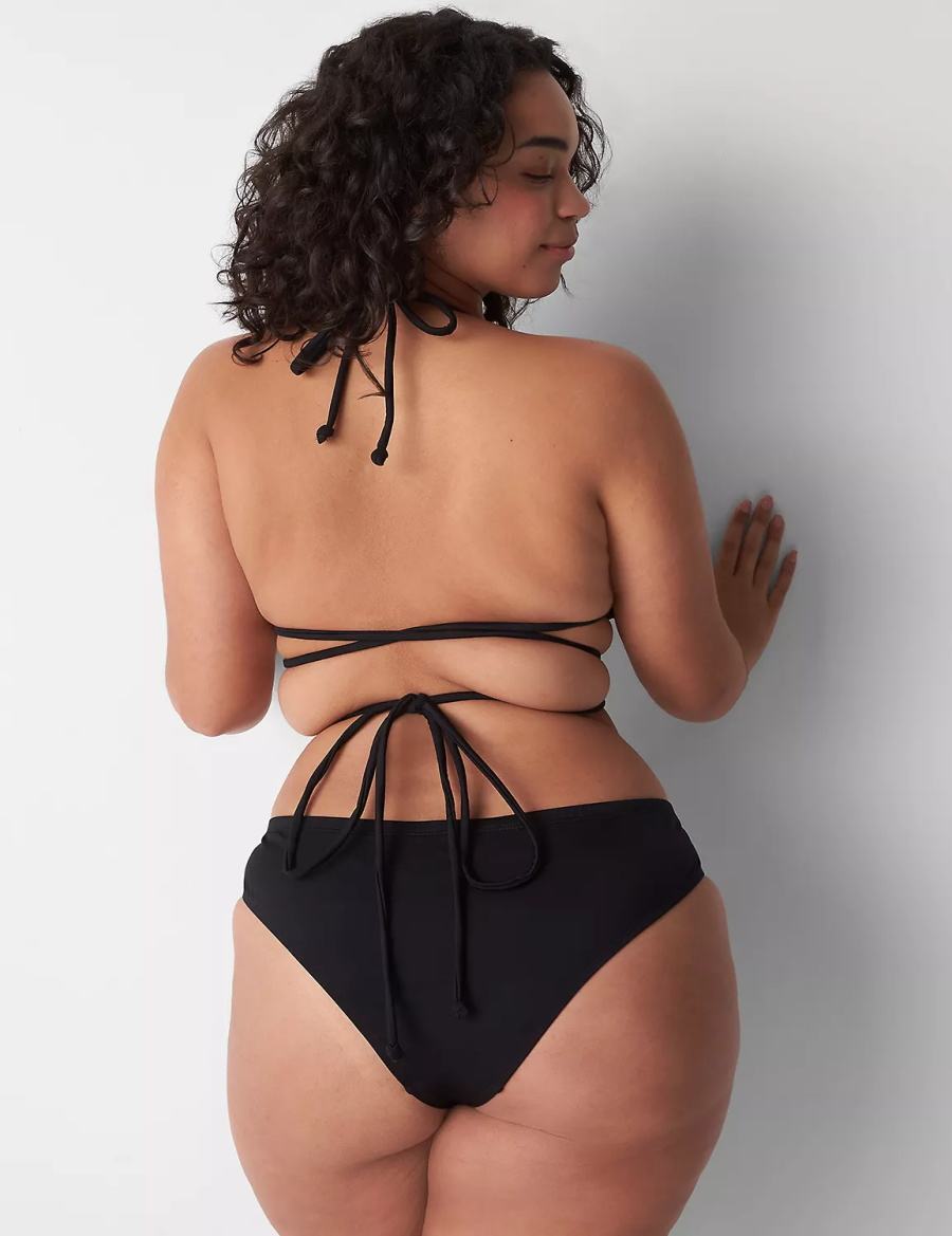 Lane Bryant Dipped Tanga Swim Women Bikini Bottom Black | VTD7312NR