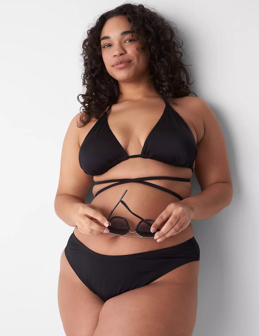 Lane Bryant Dipped Tanga Swim Women Bikini Bottom Black | VTD7312NR