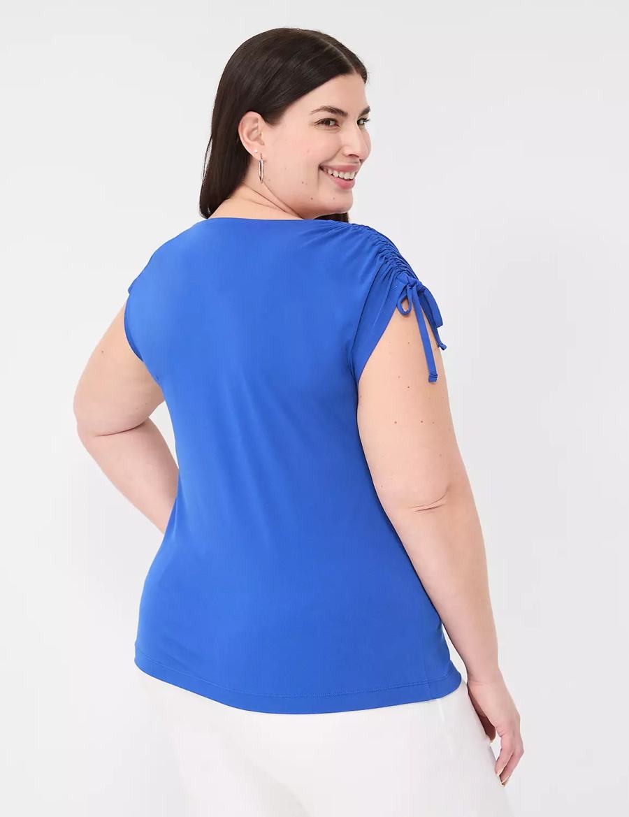 Lane Bryant Drawcord Cap-Sleeve Drape-Neck Top Women T Shirts Blue | KEB7614FU