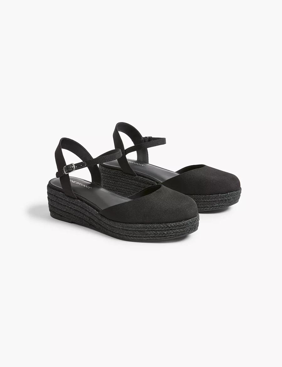 Lane Bryant Dream Cloud Ankle-Strap Espadrille Women Wedge Sandals Black | TWJ639XU