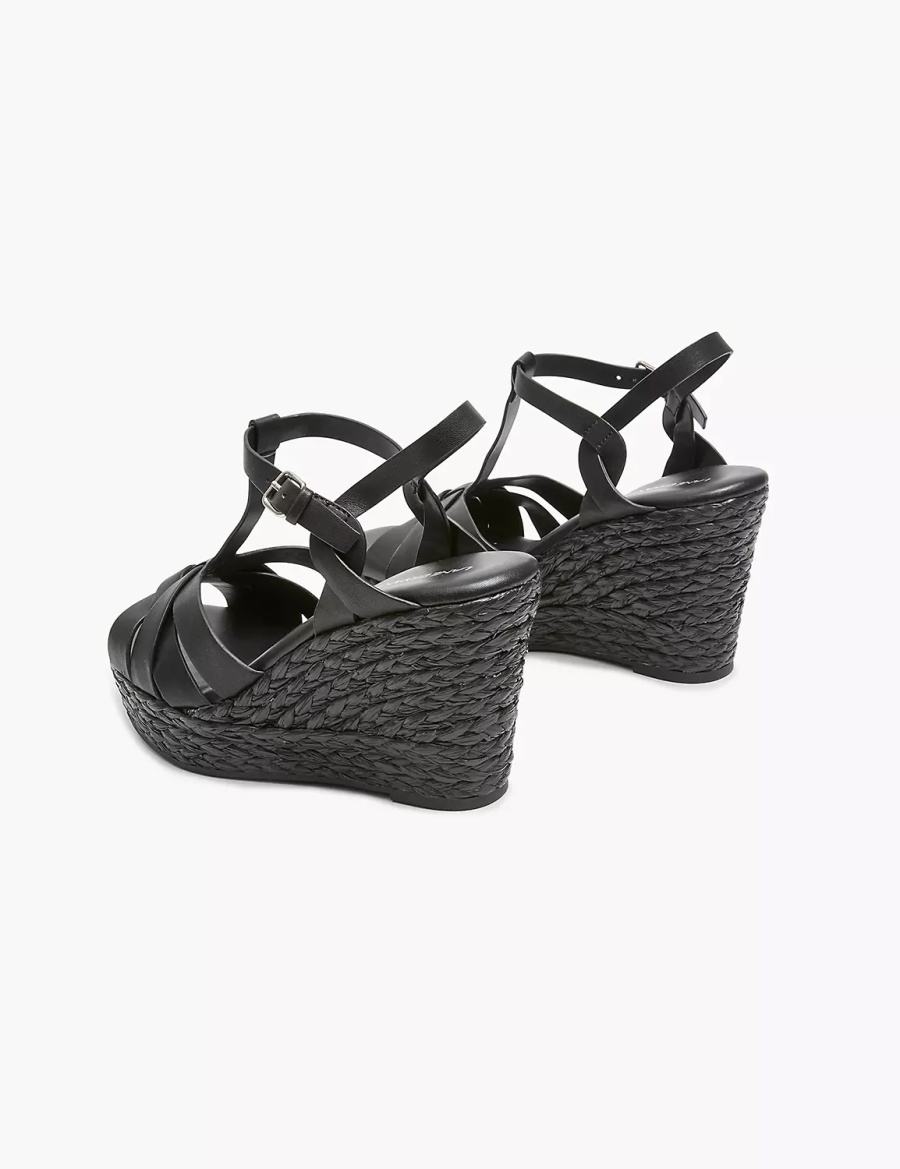 Lane Bryant Dream Cloud Faux-Leather T-Strap Espadrille Women Wedge Sandals Black | XNT7972LS