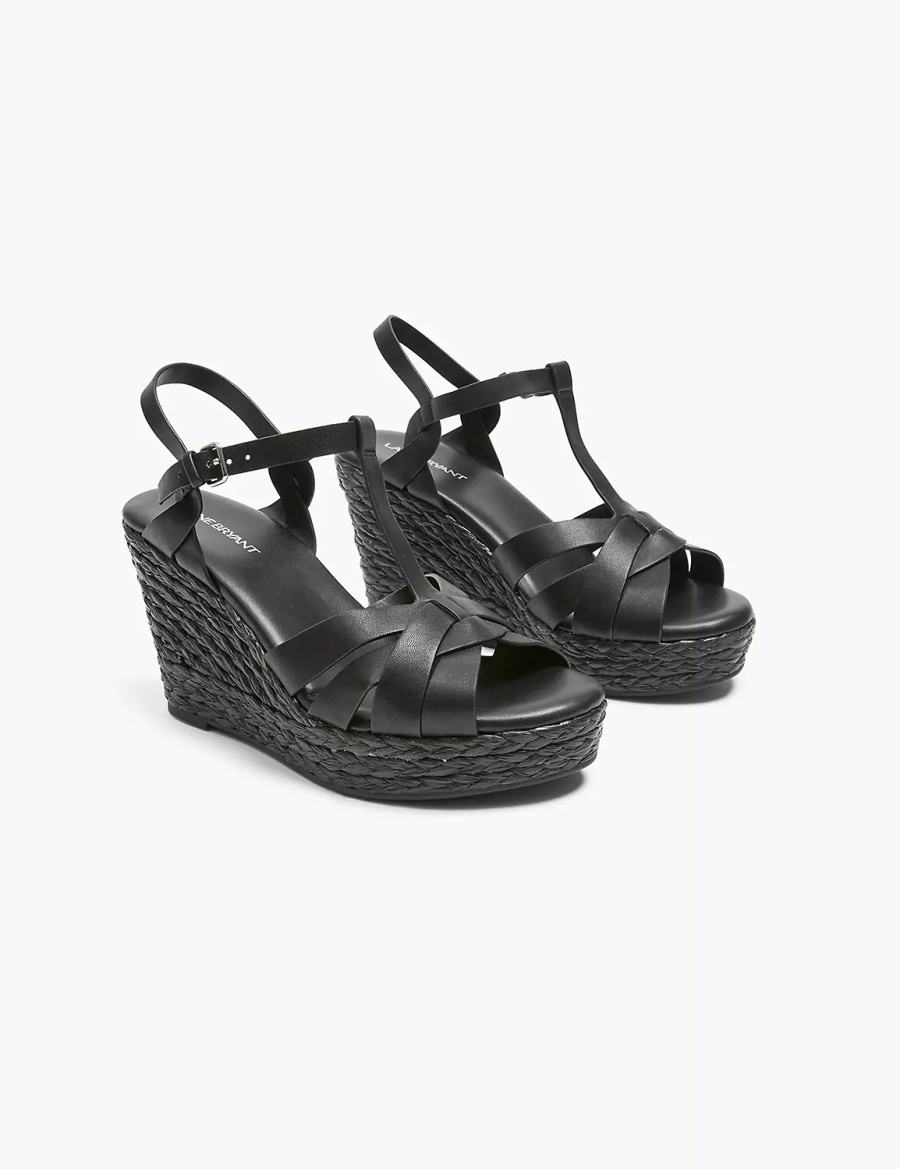 Lane Bryant Dream Cloud Faux-Leather T-Strap Espadrille Women Wedge Sandals Black | XNT7972LS