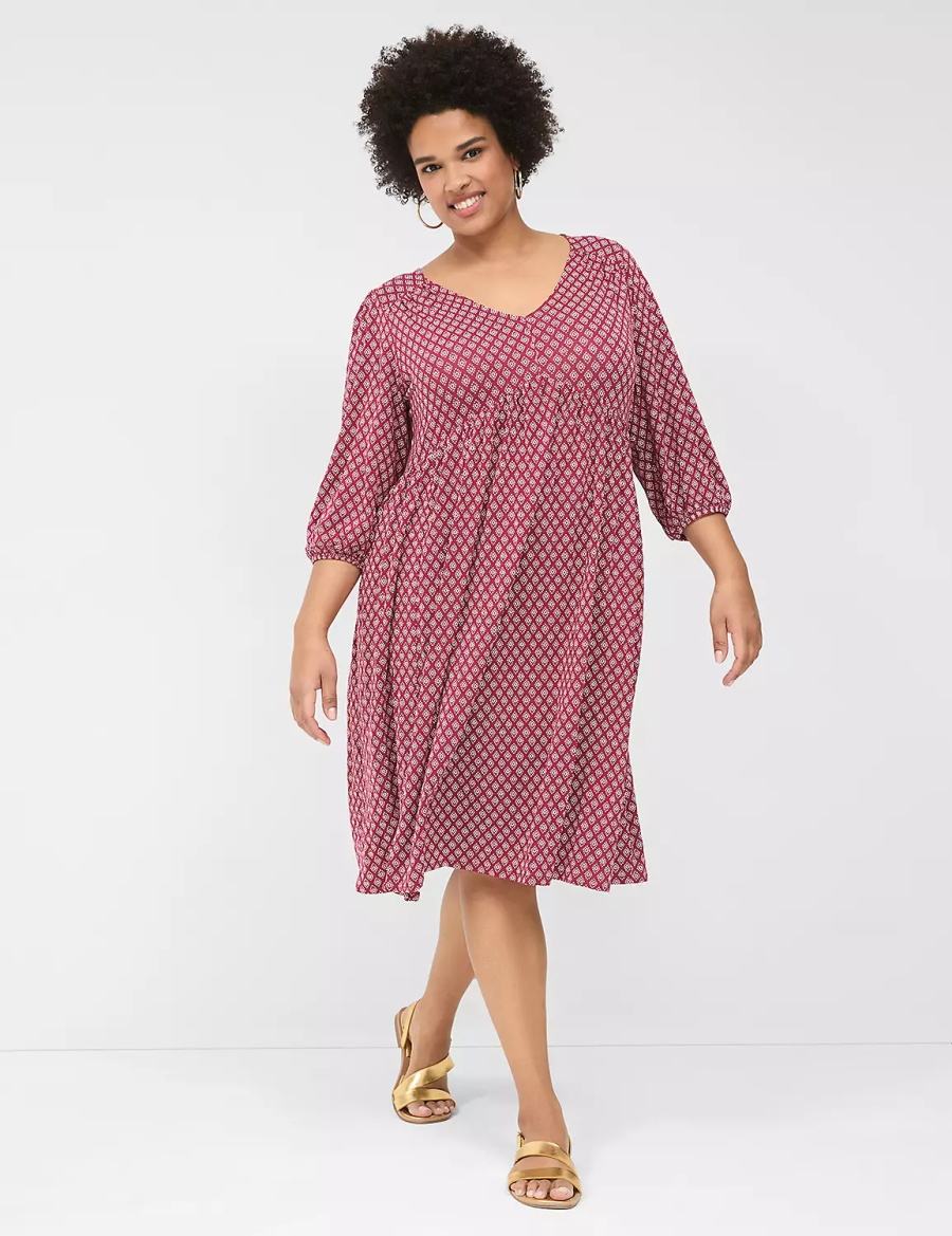 Lane Bryant Easy Swing V-Neck Women Casual Dress Burgundy | HER1518VS