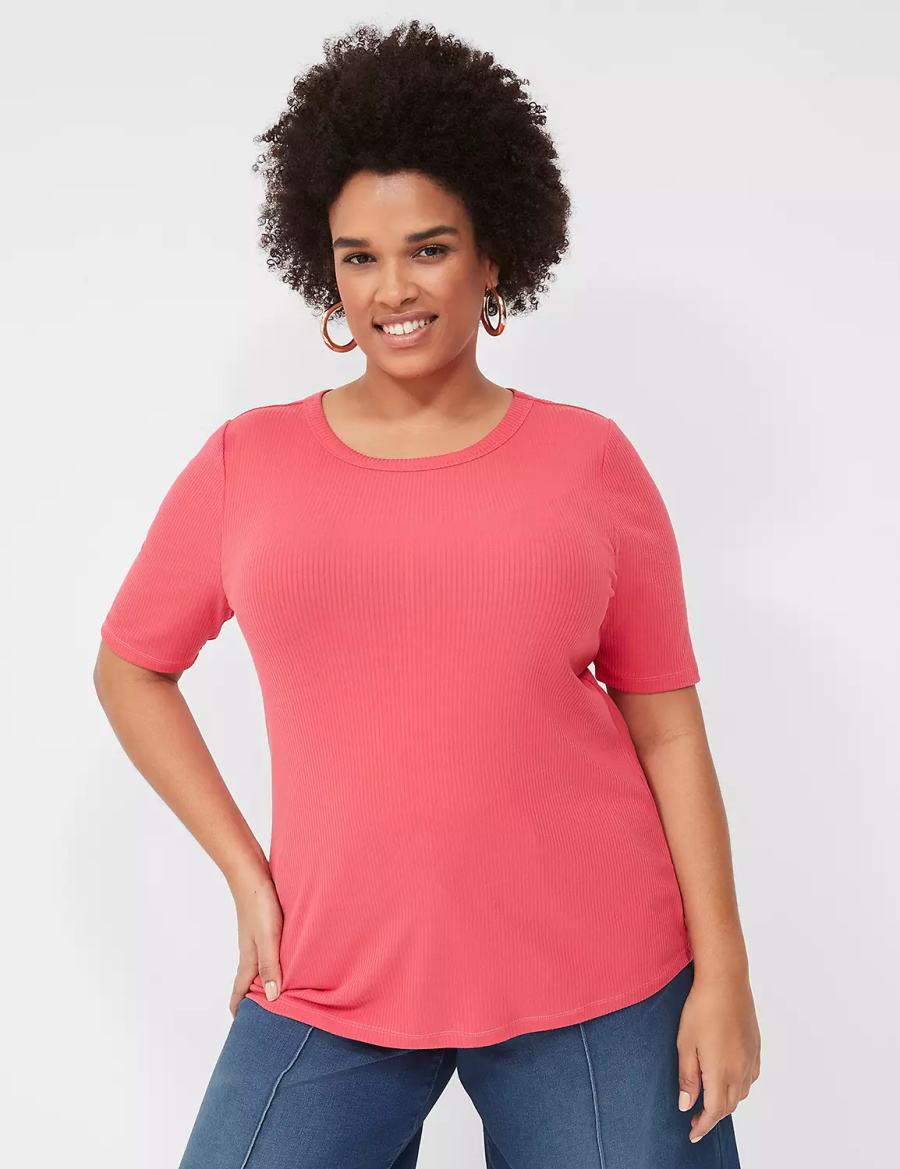 Lane Bryant Elbow-Sleeve High Crew-Neck Rib Top Women T Shirts Pink | WBS931IM