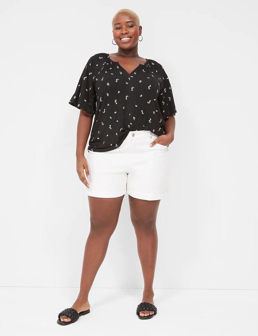 Lane Bryant Elbow-Sleeve Notch-Neck Top Women T Shirts White | KXZ1047YZ