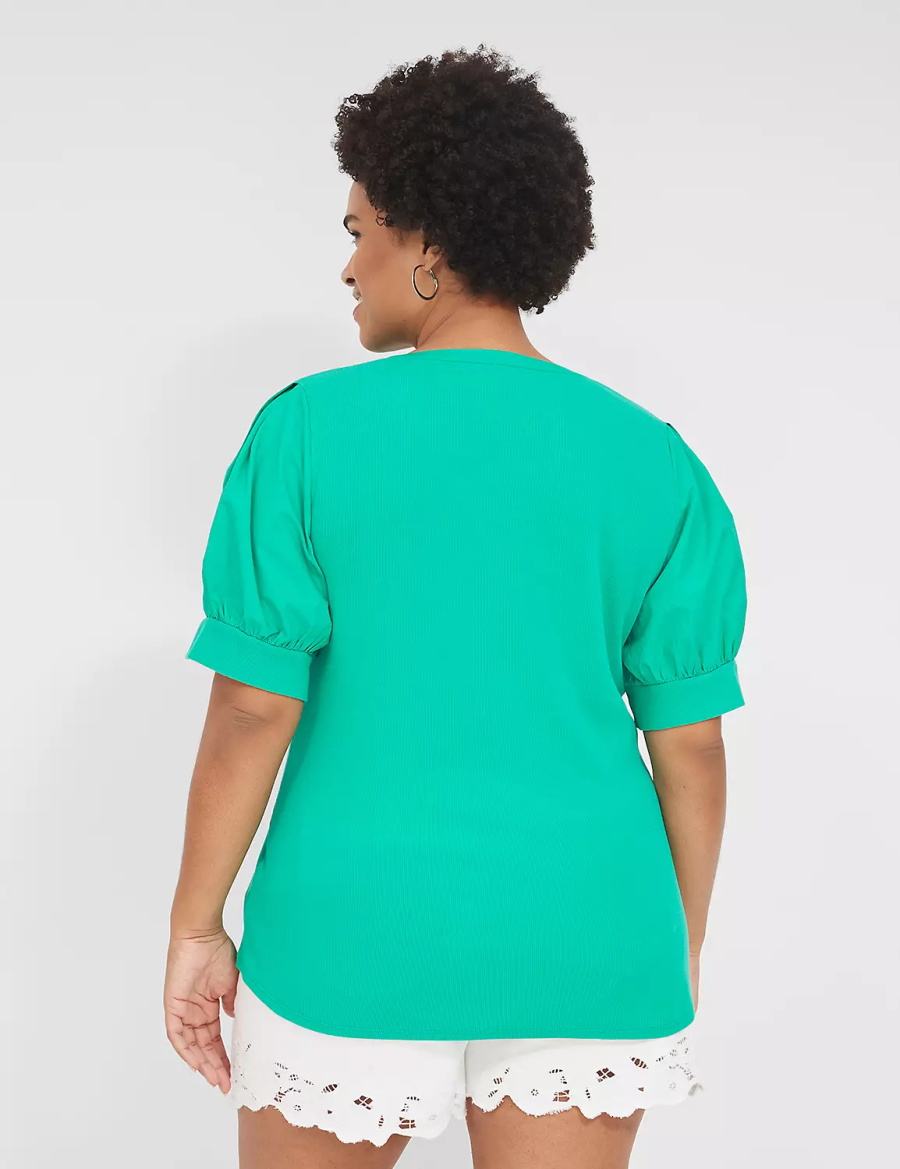 Lane Bryant Elbow-Sleeve Split-Neck Top Women T Shirts Turquoise | SOF23100FB