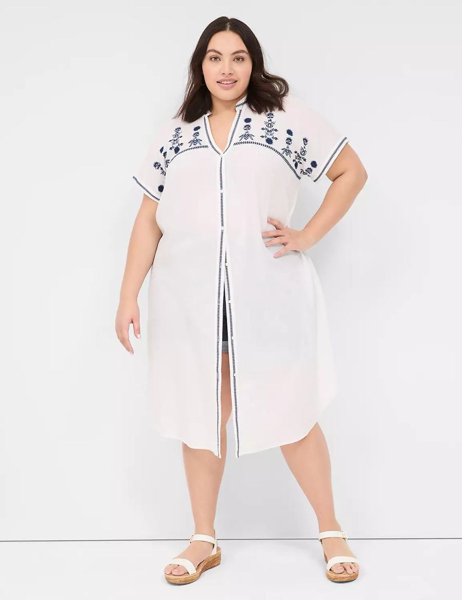 Lane Bryant Embroidered Cap-Sleeve Overpiece Women Robe White | EDW311HV