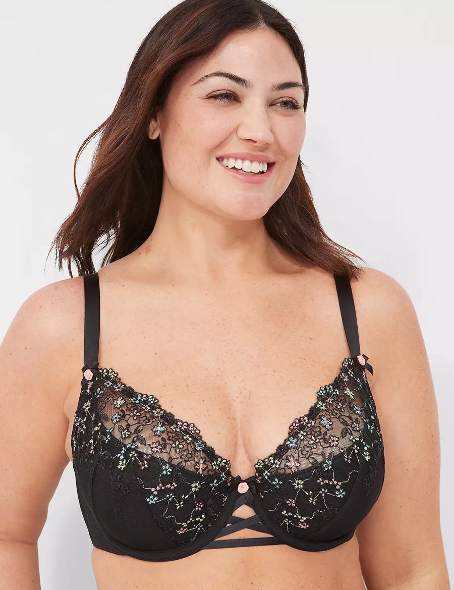 Lane Bryant Embroidered French Women Balconette Bra Black | WIL9147XK