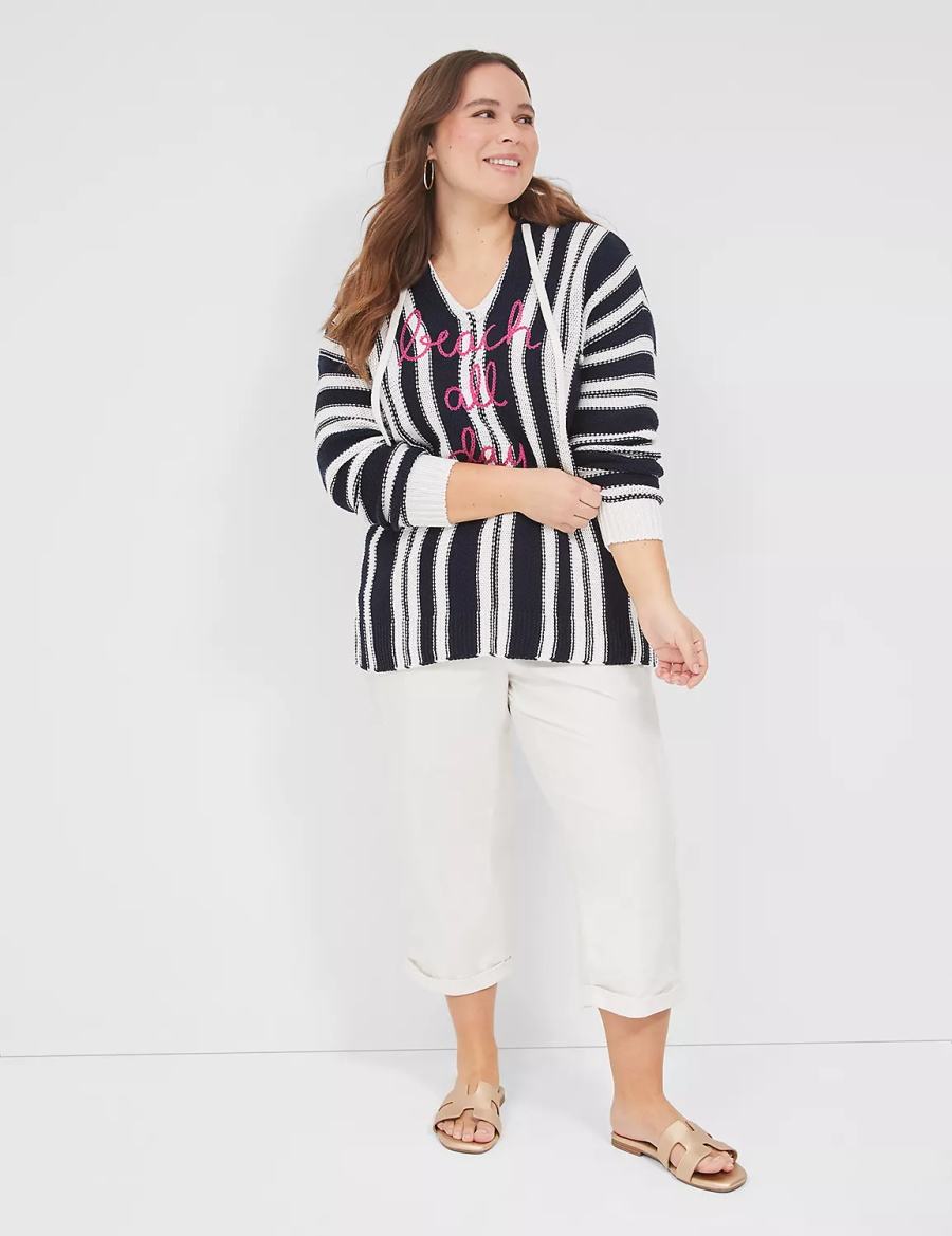 Lane Bryant Embroidered Hooded Pullover Women Sweaters Black White Stripes | VXG744FM