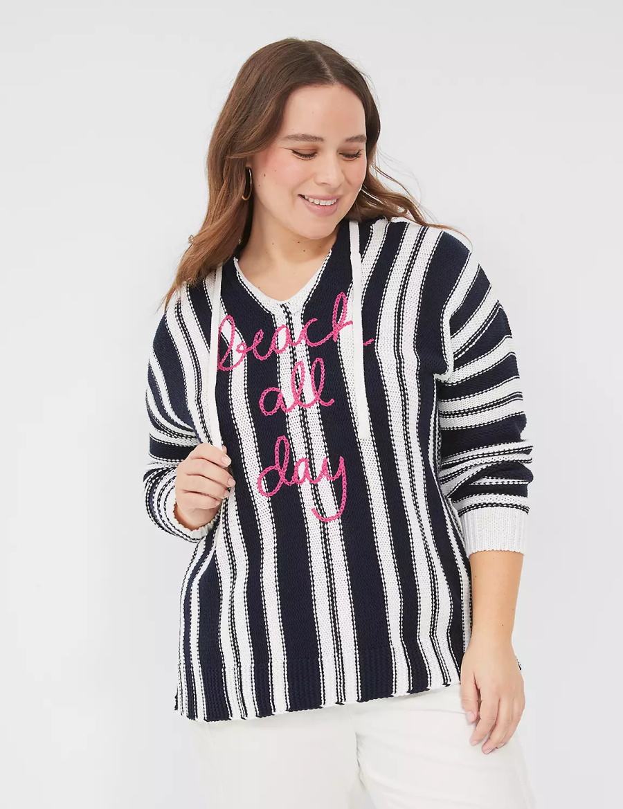 Lane Bryant Embroidered Hooded Pullover Women Sweaters Black White Stripes | VXG744FM