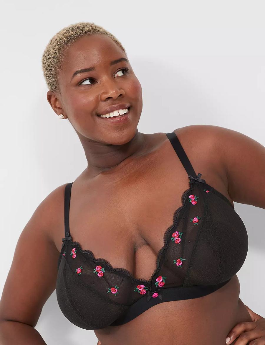 Lane Bryant Embroidered No-Wire Triangle Women Bralettes Black | TST9870QW