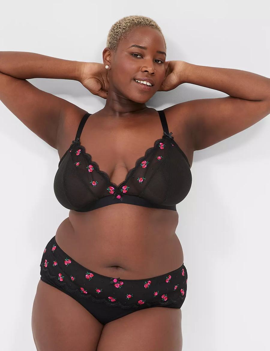 Lane Bryant Embroidered No-Wire Triangle Women Bralettes Black | TST9870QW