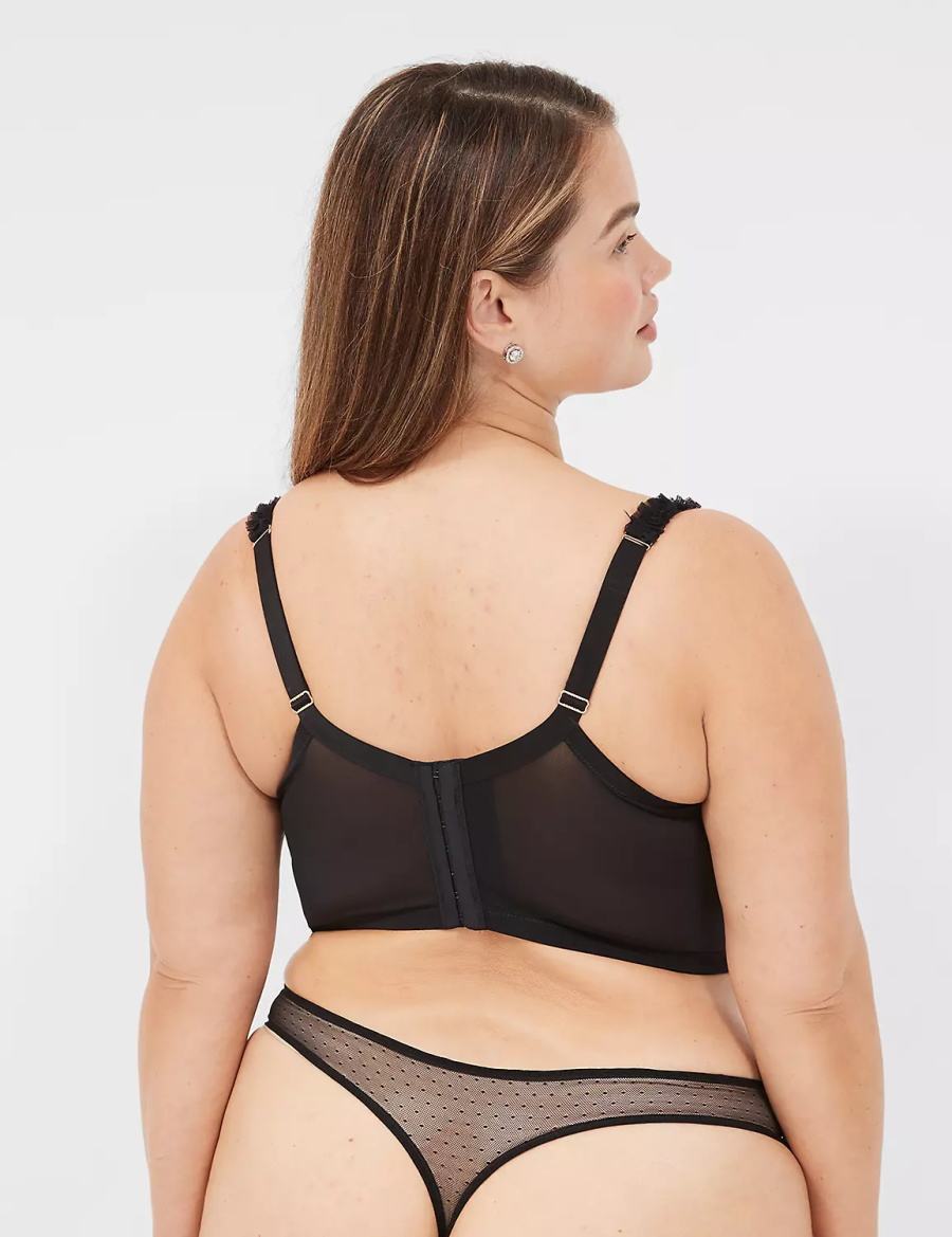 Lane Bryant Embroidered Ruffle-Trim Longline Boost Women Balconette Bra Black | CTI8295DE