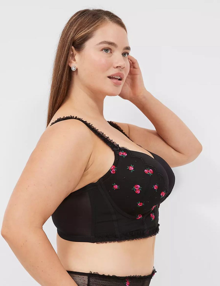 Lane Bryant Embroidered Ruffle-Trim Longline Boost Women Balconette Bra Black | CTI8295DE