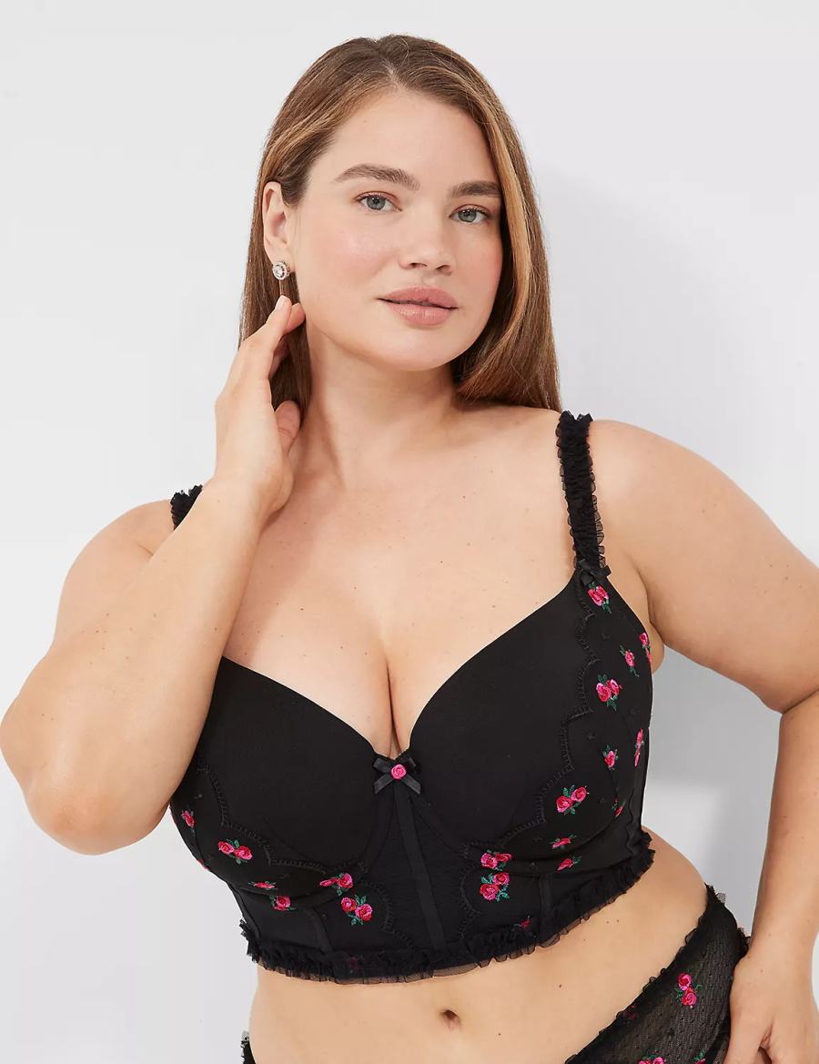 Lane Bryant Embroidered Ruffle-Trim Longline Boost Women Balconette Bra Black | CTI8295DE