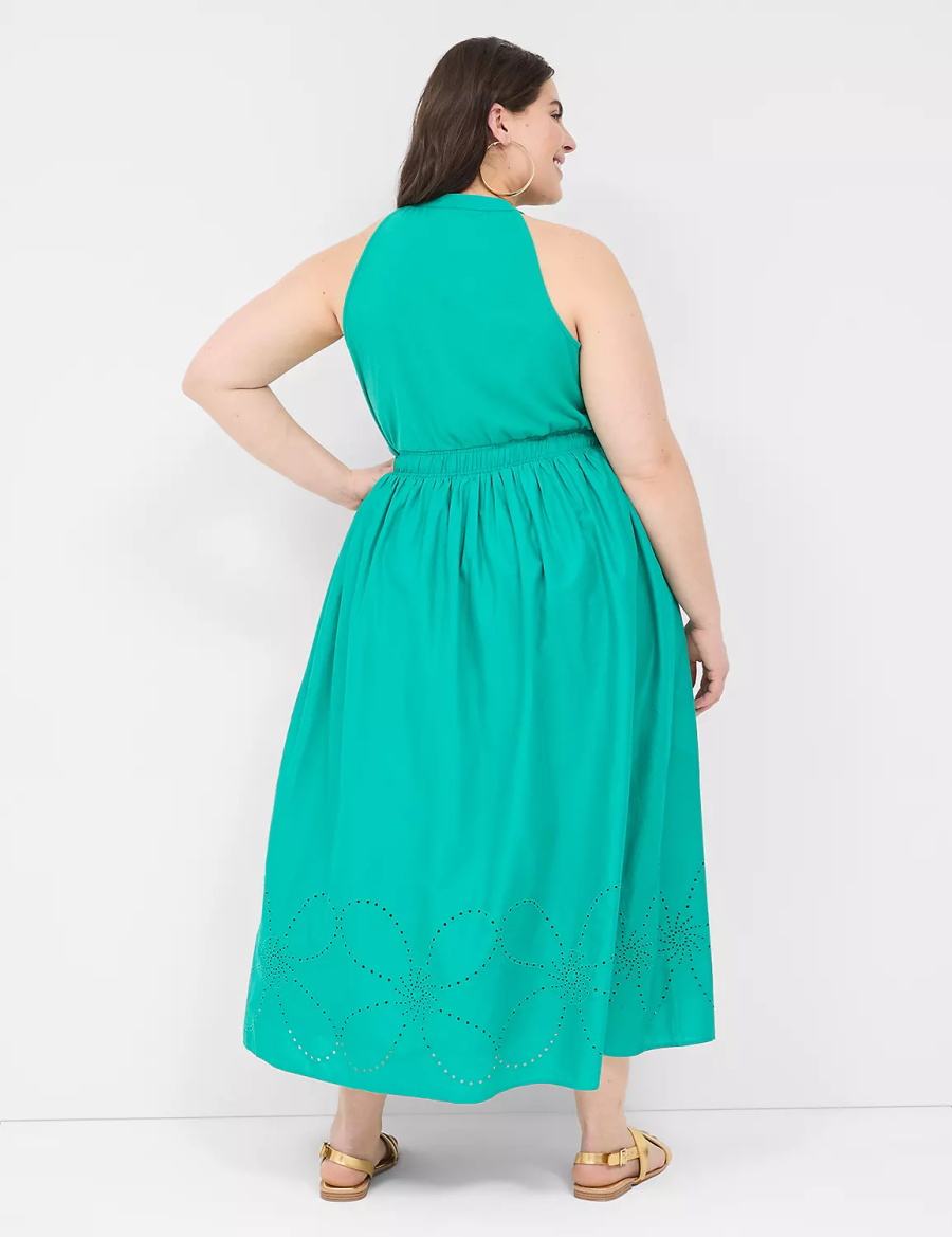 Lane Bryant Eyelet-Detail Split-Neck Women Maxi Dress Light Turquoise | FAG2861FA