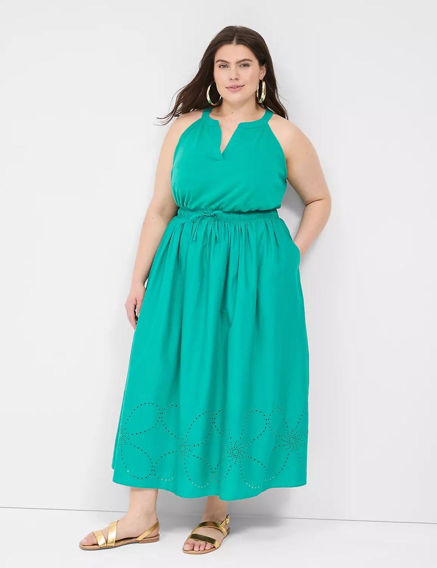 Lane Bryant Eyelet-Detail Split-Neck Women Maxi Dress Light Turquoise | FAG2861FA