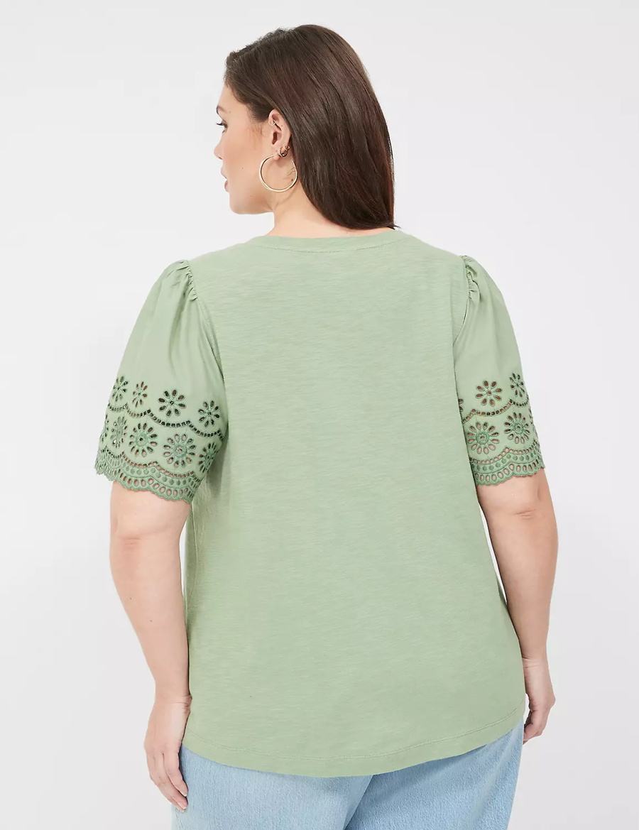 Lane Bryant Eyelet-Sleeve Crew-Neck Knit Tee Women Tank Top Light Green | JJJ2196CH