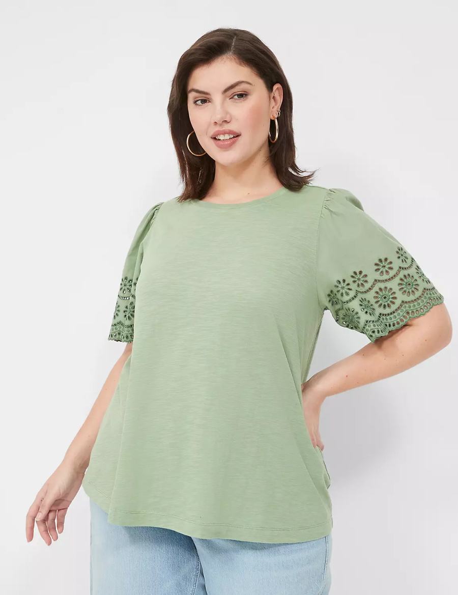 Lane Bryant Eyelet-Sleeve Crew-Neck Knit Tee Women Tank Top Light Green | JJJ2196CH