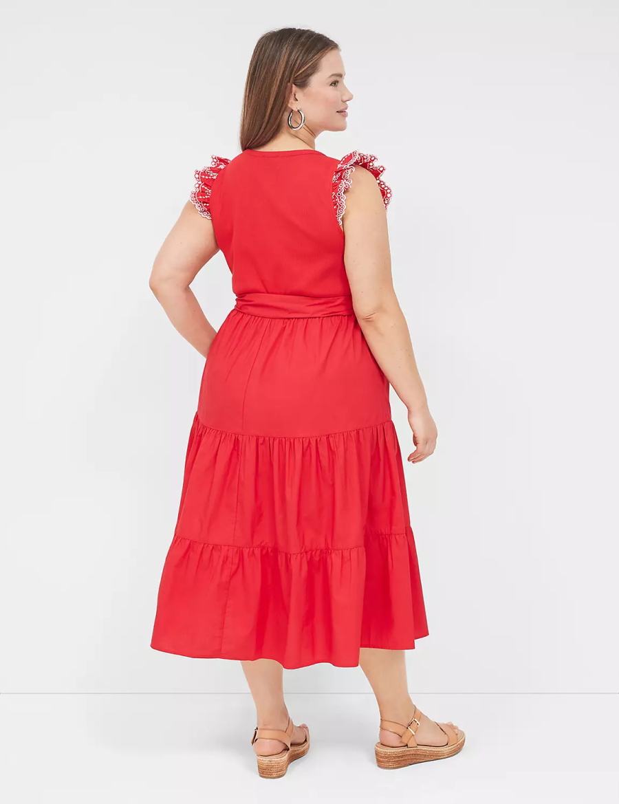 Lane Bryant Eyelet-Sleeveed Women Midi Dress Red | RIN476UM