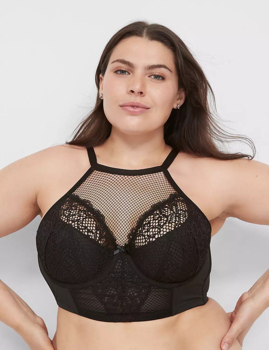 Lane Bryant Fishnet High-Neck French Women Balconette Bra Black | SIZ981WH