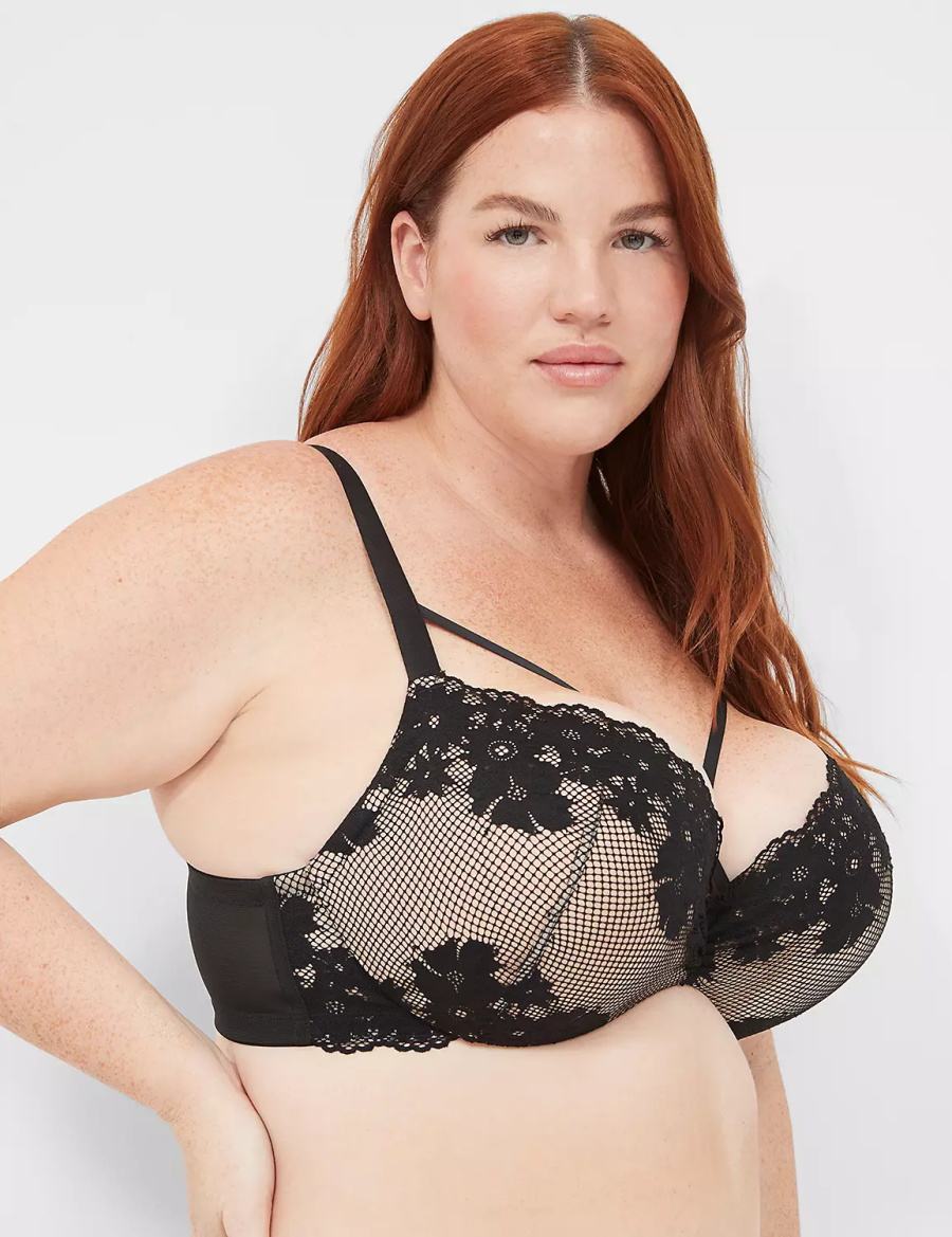 Lane Bryant Fishnet Lace Max Boost Plunge Women Bralettes Black | VUZ1431XN