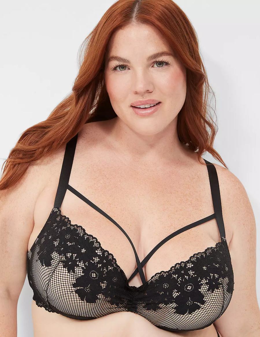 Lane Bryant Fishnet Lace Max Boost Plunge Women Bralettes Black | VUZ1431XN