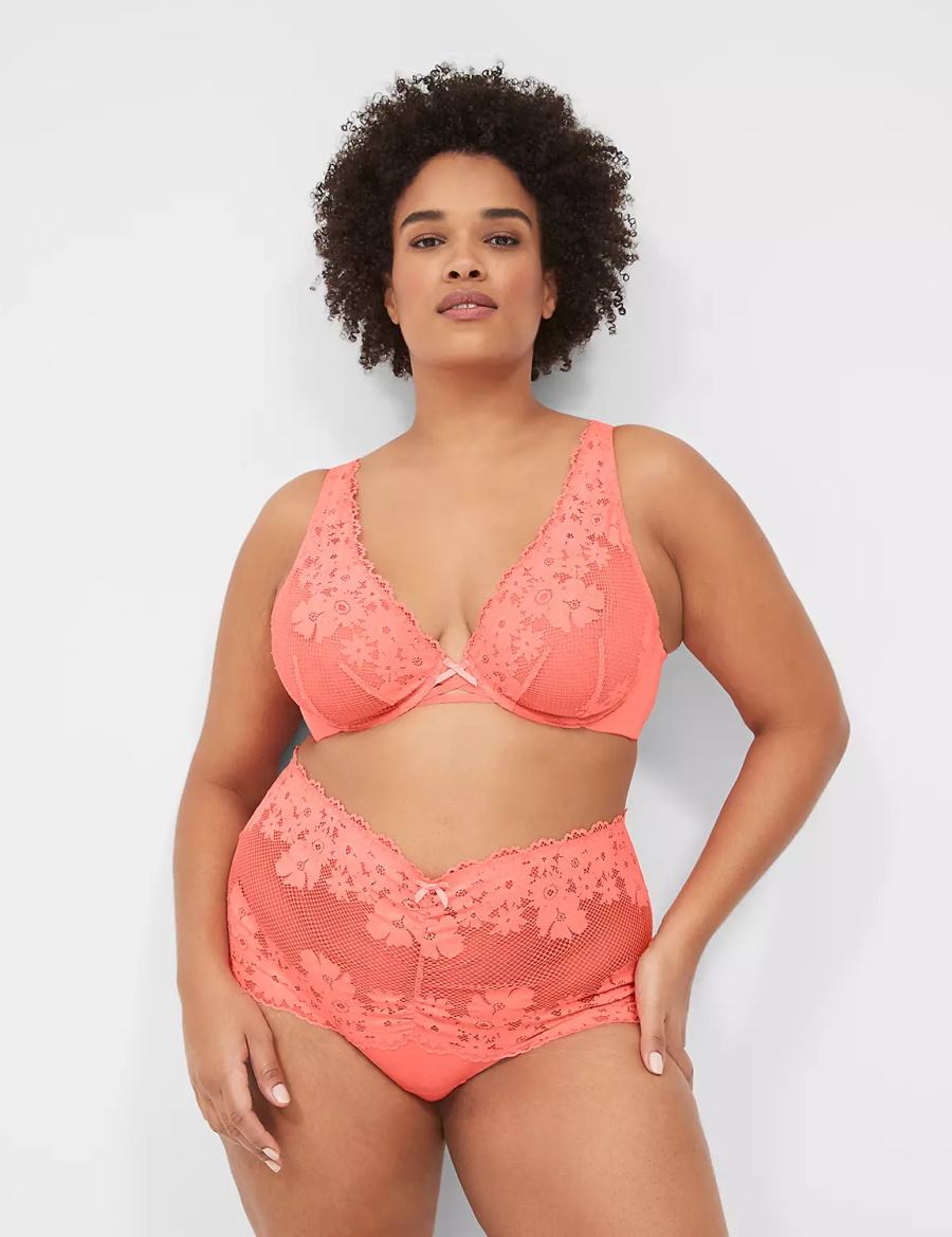 Lane Bryant Fishnet Lace Plunge Women Unlined Bra Pink | AAR857XV