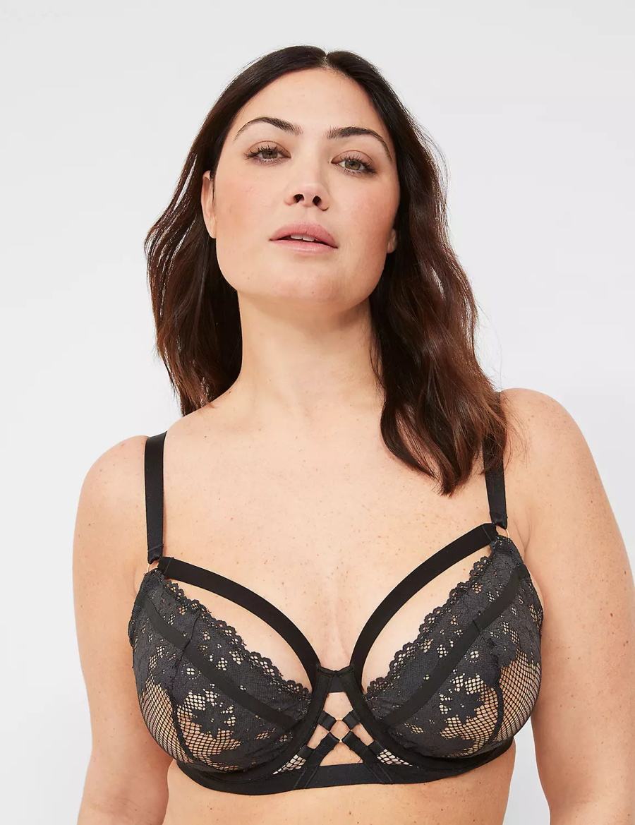 Lane Bryant Fishnet & Lace Unlined Women Balconette Bra Black | BAZ957XI