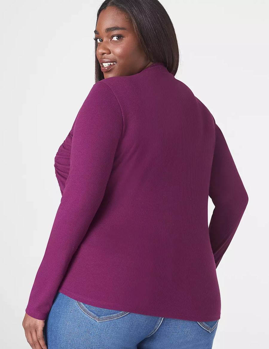 Lane Bryant Fitted Crop Mock-Neck Double-Drawcord Tee Women T Shirts Dark Purple | UQT4684BB